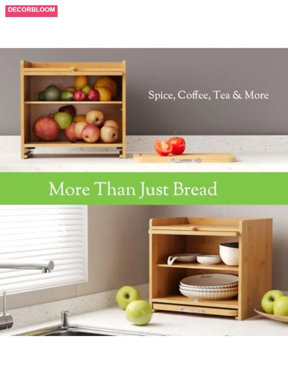 Bamboo Bread Box with Cutting Board, Double Layer, Kitchen Storage